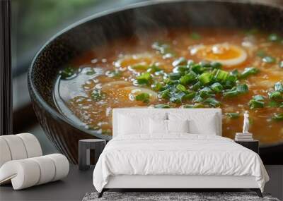 A steaming bowl of soup garnished with green onions and soft-boiled eggs. Wall mural