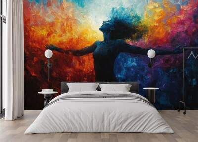 A vibrant painting of a woman with outstretched arms amidst fiery colors, symbolizing freedom. Wall mural