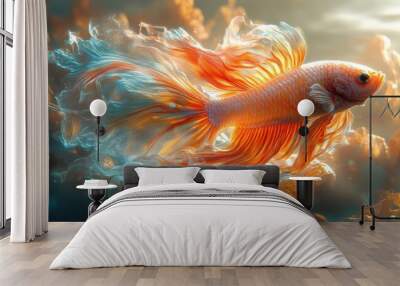 A Vibrant Siamese Fighting Fish in a Sunlit Aquarium Wall mural