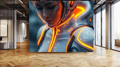 A woman in a futuristic suit with glowing orange lights. Wall mural