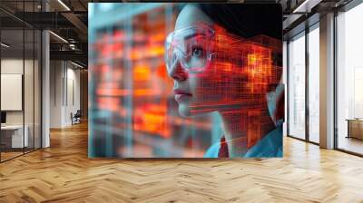 A woman in safety goggles with a digital overlay, symbolizing innovation in science and technology. Wall mural