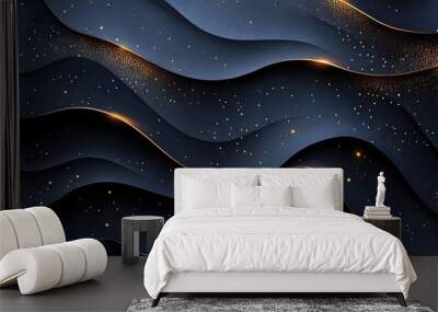 An abstract art design showcasing a dark blue wavy background adorned with glittering gold lines, creating a luxurious and dynamic visual experience. Wall mural