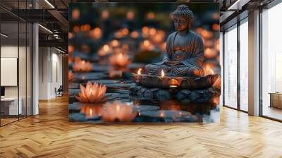 Buddha Statue Surrounded by Candles in Water Wall mural