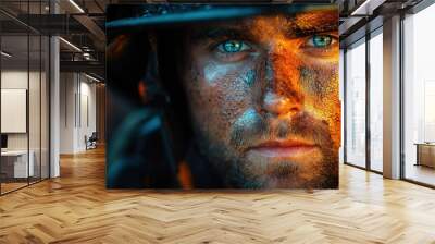 Close-up of a determined firefighter with soot and sweat on his face, conveying resilience. Wall mural