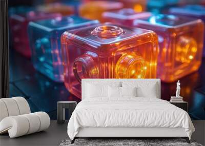 Close-up of colorful transparent cubes with glowing light inside, on a dark textured surface. Wall mural