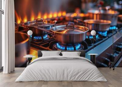 Close-up of Pots on a Stove with Blue Flames Wall mural