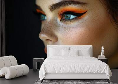 Close-up Portrait of Woman with Orange Eyeshadow Wall mural