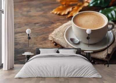 Coffee Cup and Beans on Rustic Wooden Table Wall mural