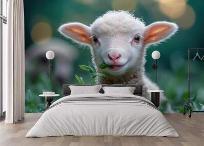 Cute Lamb Grazing in the Grass Wall mural