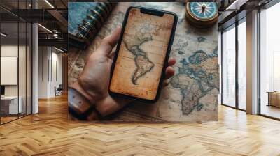 Exploring the World with Vintage Maps and a Smartphone Wall mural