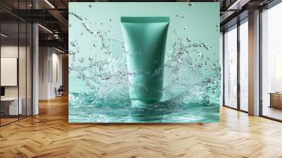 Green Lotion Bottle in Water Splash Wall mural