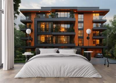 Modern Apartment Building with Orange Facade Wall mural