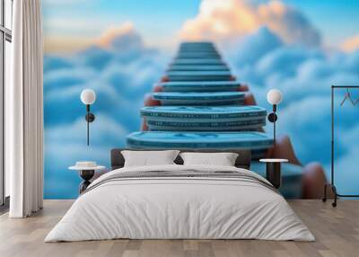 Stacks of money leading up to the clouds, representing success and financial freedom. Wall mural