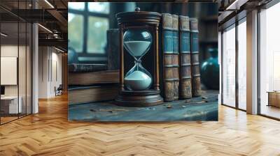 Timeless Knowledge: An Hourglass and Books in a Library Wall mural