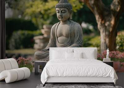 Tranquil Buddha Statue in a Lush Garden Wall mural