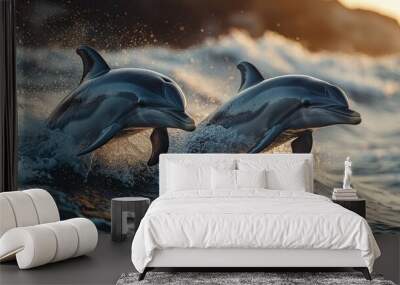 Two Dolphins Leaping Out of the Water Wall mural