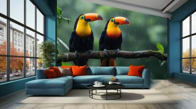 Two Toucans Perched on a Branch in the Rain Wall mural