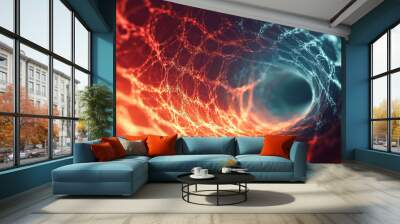 Abstract digital tunnel with a fiery red and cool blue color gradient, futuristic and intricate design Wall mural