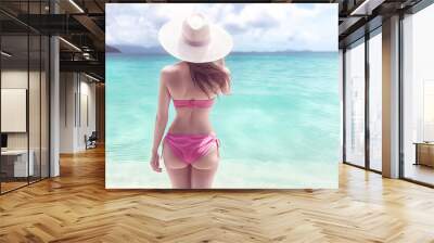 Beautiful woman in pink bikini standing on the beach looking at the turquoise ocean with a wide brim hat under the cloudy sky
 Wall mural