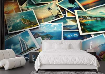 collection of travel photographs featuring various scenic destinations including beaches, cities, an Wall mural