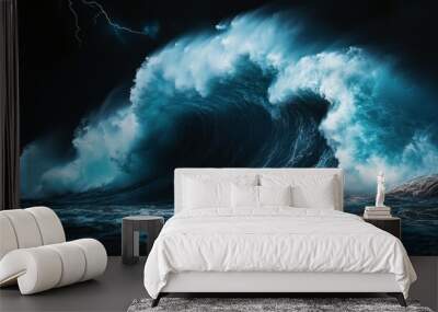 A powerful wave crashes against the shore during a stormy night, illuminated by a bolt of lightning. Wall mural