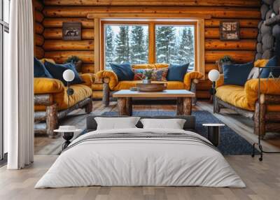 Cozy living room with two yellow sofas, wooden coffee table, and a rug in front of a large window with a view of snow-covered forest. Wall mural