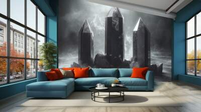 Three black crystals on a rocky surface with smoke. Wall mural