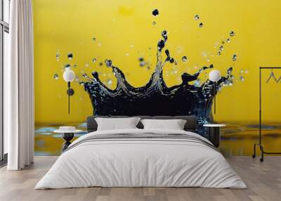 Water drop splashing and creating a crown shape against a yellow background. Wall mural