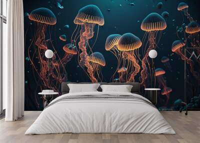 Not based on any actual scene or pattern glowing sea jelly fish .Generative AI. Wall mural