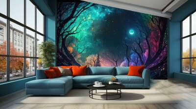 anime magical space forest wallpaper with delusion and illusion effect generative ai Wall mural