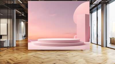 Background pink podium sky 3d platform luxury product beauty display render heaven dreamy stage. Pink stand smoke scene podium white background pastel romantic space sunset abstract backdrop light. Wall mural