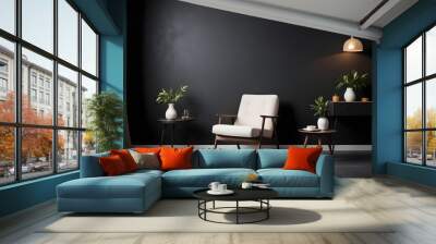 Black wall living room interior with chair and wall decor, Black wall room, Yellow sofa, black sofa, frame on wall, yellow sofa black wall, black living room, living room image, chair living room, Wall mural