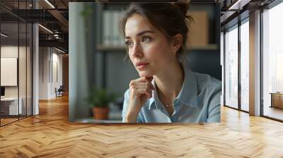 Female architect sitting in office and thinking, facial detail showing expression of concentration with hand supporting her chines  Wall mural