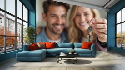 Happy family couple buys a new house or apartment. Blurry background shot of a smiling young married man and woman with a bunch of keys with a home pendant in soft Wall mural