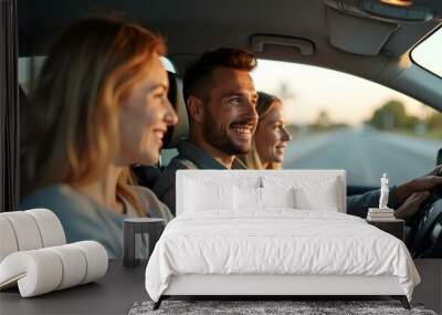 Portrait of a father driving a new car or having a test drive in the city while riding with his family. Parents and daughters spending vacation traveling by automobile and enjoying road trip.
 Wall mural