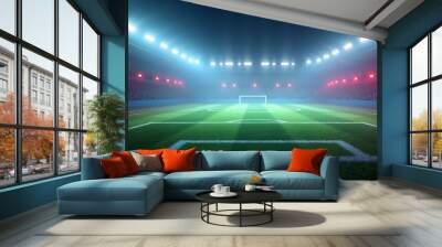 textured soccer game field with neon fog - center, midfield. 3d Illustration. football ground, football neon background, football background, sports concept 
 Wall mural