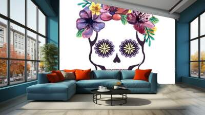 Santa Muerte with a wreath of watercolor flowers; skull; Halloween.
Vector illustration of an ornately decorated Day of the Dead (Dia de los Muertos) sugar skull, or calavera Wall mural