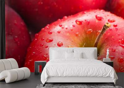 Macro of fresh red wet apples with drops. Healthy eating. Wall mural