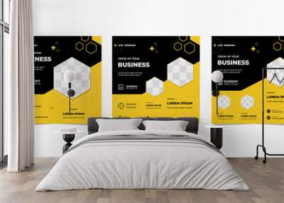 Collection of geometric social media post templates with black and yellow background, for business webinars, digital marketing, online education and other seminars Wall mural