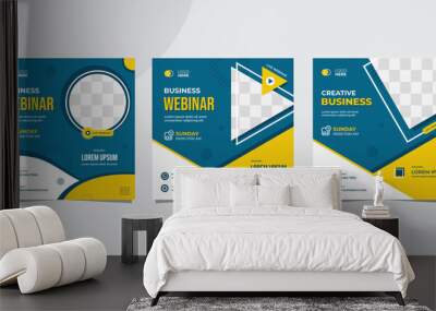 Set of minimalist social media post template for Business Webinar, Creative webinar, Online Education and other online seminars. with Blue and Yellow background Wall mural