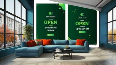 We are open, Green Poster with liquid and striped shape composition. Suitable for shop sign opening, web banner, wallpaper, brochure and more Wall mural