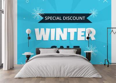 Winter sale social media post template with snowflake and blue background. Vector graphics of square banner design Wall mural