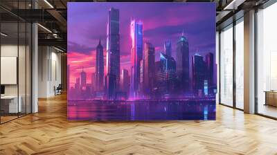 A futuristic city skyline at dusk, featuring sleek skyscrapers and glowing neon lights, evoking a sense of innovation and progress  Wall mural