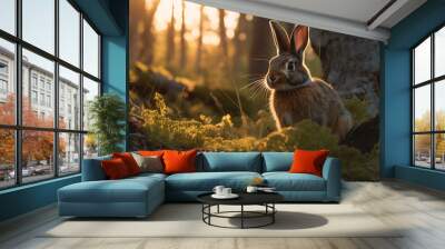 a rabbit in the forest during the sunset Wall mural