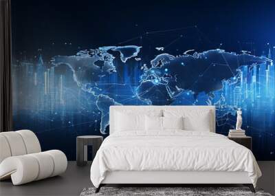 modern and minimalist image that symbolizes the global stock market's interconnectedness sleek, digital world map with nodes and lines representing international trade and stock exchanges Wall mural