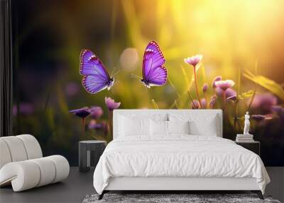 Small wild purple flowers in grass and two yellow butterflies soaring in nature in rays of sunlight close-up. Spring summer natural landscape Wall mural