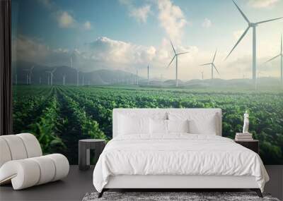 windmills turbines in a natural field for wind generation of hydrogen out of air or water into pipeline, Green hydrogen nitrogen to form nitrogen fertilizer production banner concept  Wall mural