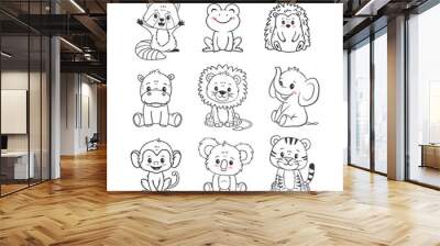  Set of cartoon cute animals including lion, tiger, hippopotamus, monkey, hedgehog, koala, raccoon, frog and elephant. Jungle and forest animals for magazines, postcards. Vector illustration Wall mural