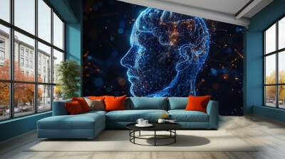 3D rendering of holographic blue human brain on dark background Wall mural