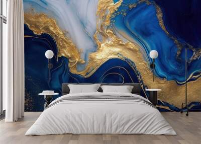 Abstract blue marble texture with gold splashes, blue luxury background Wall mural